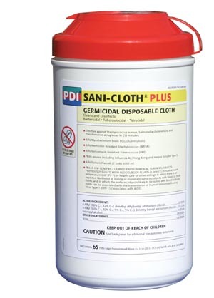 Pdi Sani-Cloth Plus Germicidal Disposable Cloth # Q85084 - Plus Germicidal Disposable Cloth, X-Large, 7" x 15", 65/canister, 6 can/cs