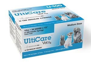 ULTIMED ULTRICARE VETRX DIABETES CARE INSULIN SYRINGES # 08250 - U-100 Syringe, 28G x ½", 1/2cc, 100/bx